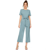 Women's Knitting stretchable Solid Round Neck Cap Sleeve Jumpsuit (Pista )